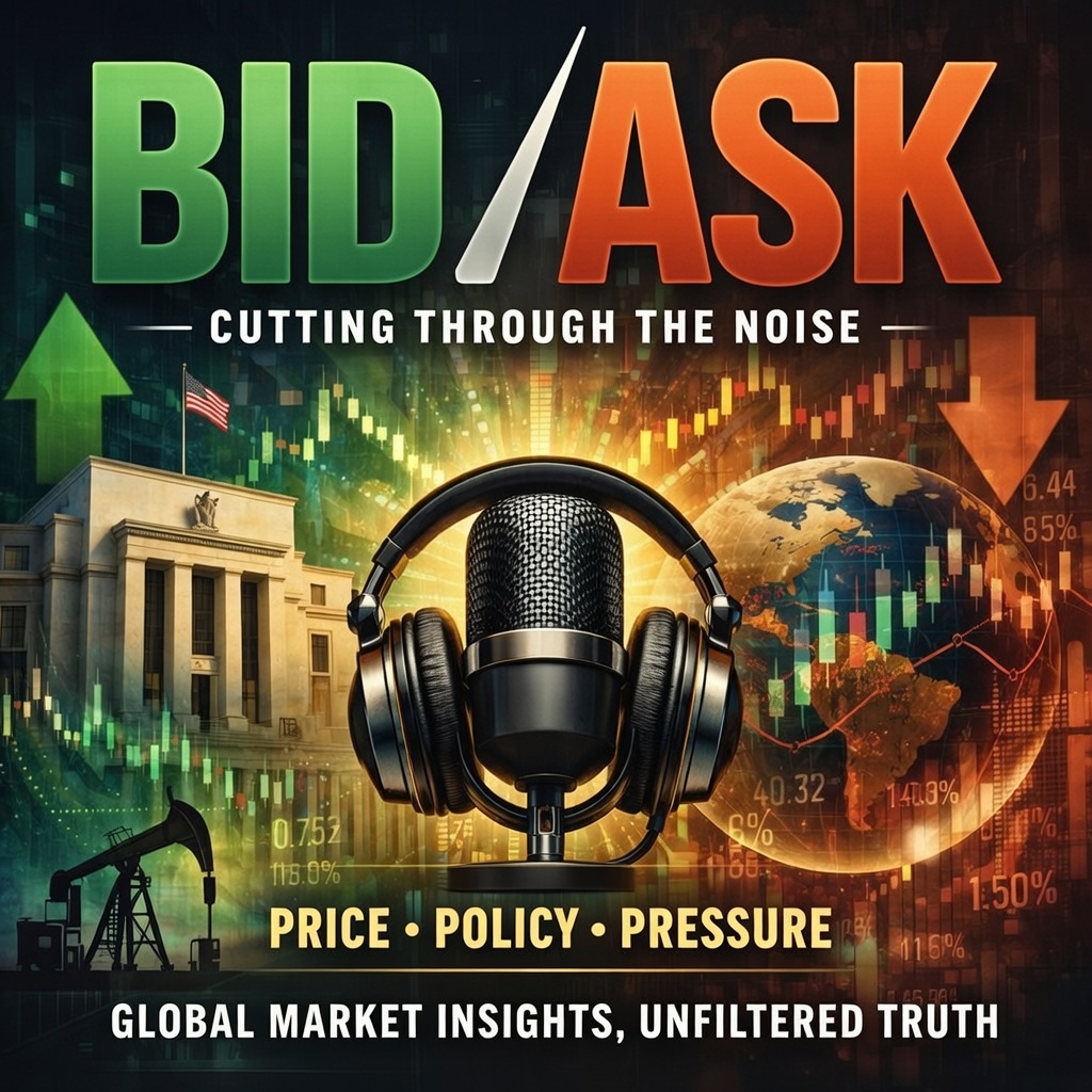 BID/ASK podcast logo featuring bold modern typography with green and orange accent colors on dark background